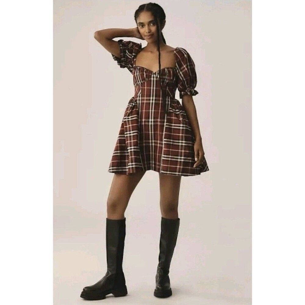 Anthropologie Maeve Size Small  Red Plaid Sweetheart Puff Sleeve Mini Dress New